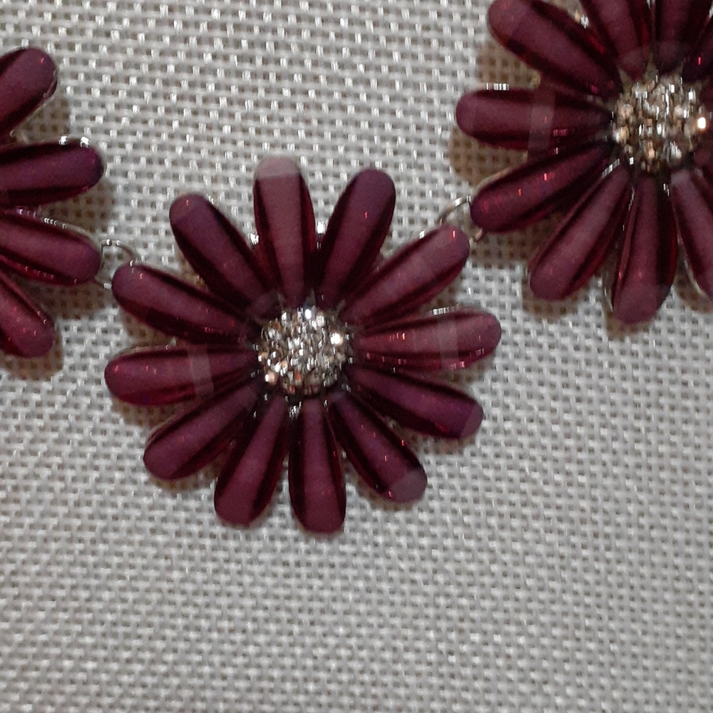 Christopher & Banks Plum Daisy Necklace with Rhinestone Centers